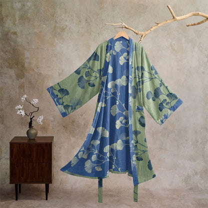 Kimono rétro en coton à feuilles de ginkgo Ownkoti - Vert verre et bleu profond - XL - image 18