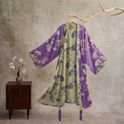 Kimono rétro en coton à feuilles de ginkgo Ownkoti - Violet et vert gazon - XL - image 24
