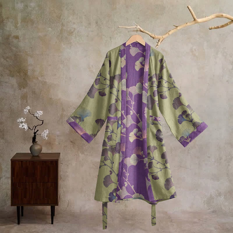 Kimono rétro en coton à feuilles de ginkgo Ownkoti - image 35