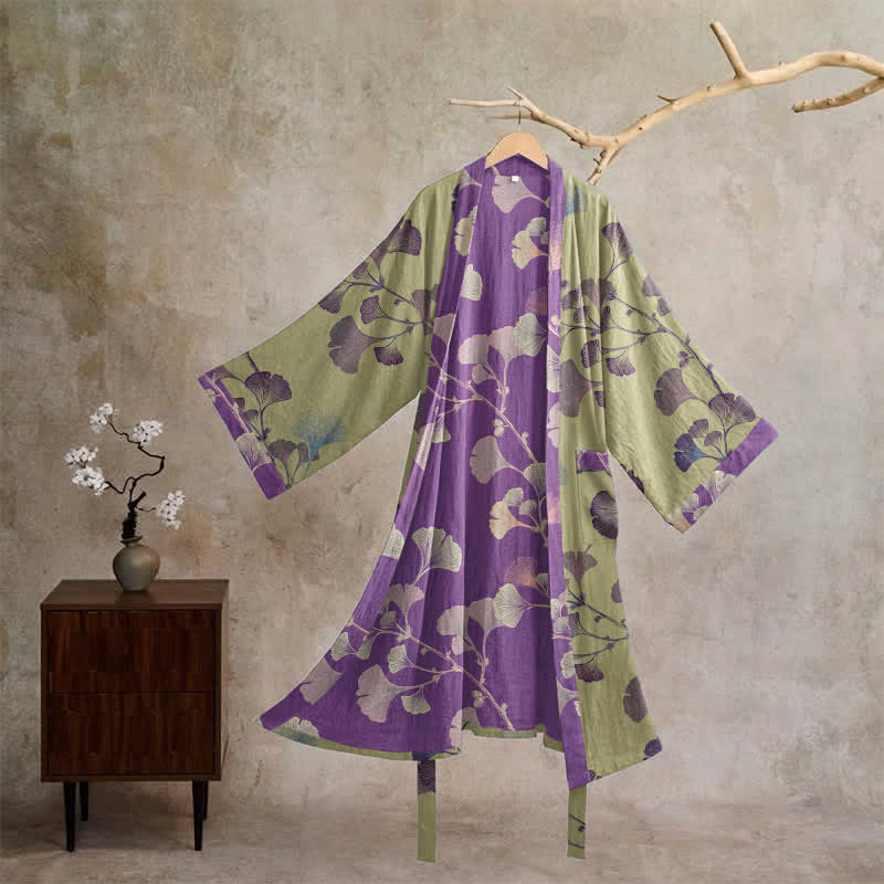 Kimono rétro en coton à feuilles de ginkgo Ownkoti - Vert gazon et violet - XL - image 30