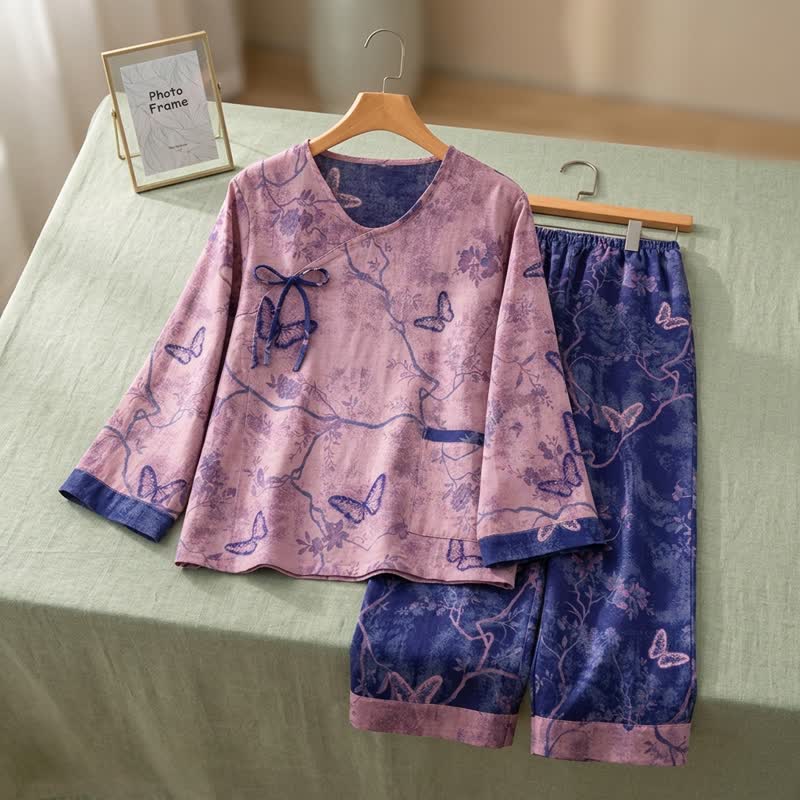 Ensemble de détente en coton à motif papillon violet rétro Ownkoti - image 2