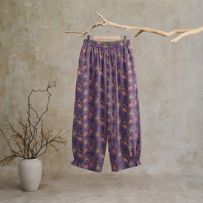 Pantalon de détente ample en coton à motif ginkgo, style rétro Ownkoti - image 1