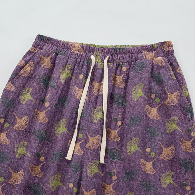 Pantalon de détente ample en coton à motif ginkgo, style rétro Ownkoti - image 2