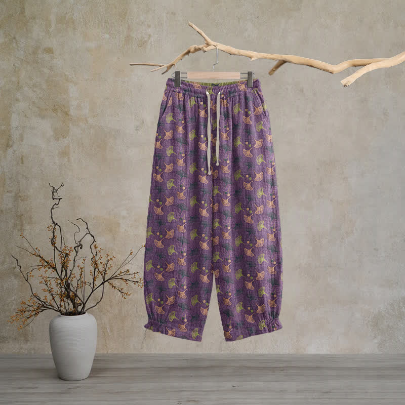 Pantalon de détente ample en coton à motif ginkgo, style rétro Ownkoti - Violet - XL - image 0
