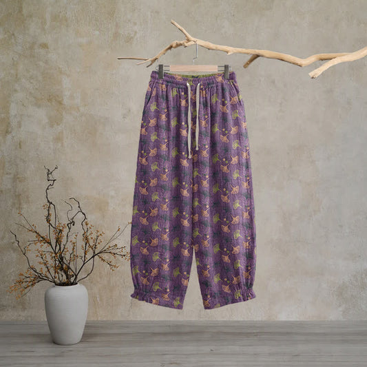 Pantalon de détente ample en coton à motif ginkgo, style rétro Ownkoti - Violet - XL - image 0