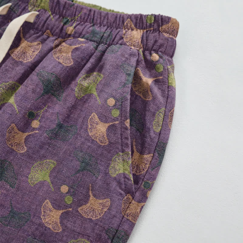 Pantalon de détente ample en coton à motif ginkgo, style rétro Ownkoti - image 3