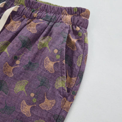 Pantalon de détente ample en coton à motif ginkgo, style rétro Ownkoti - image 3