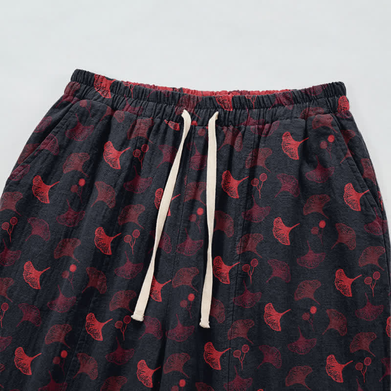 Pantalon de détente ample en coton à motif ginkgo, style rétro Ownkoti - image 7