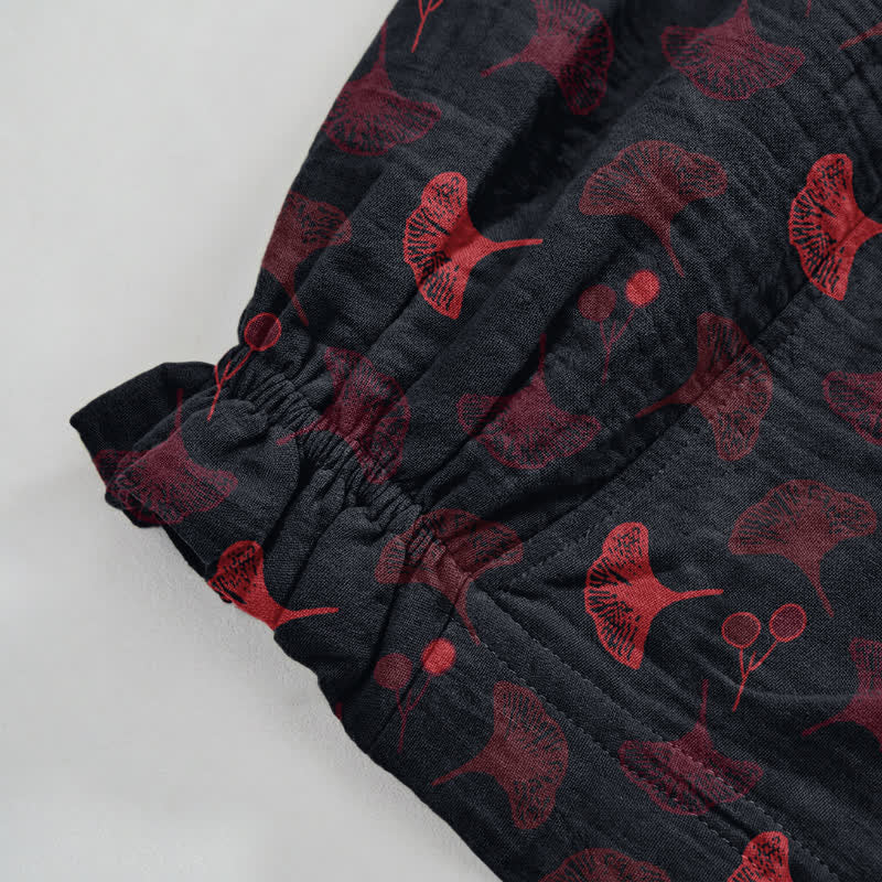 Pantalon de détente ample en coton à motif ginkgo, style rétro Ownkoti - image 9