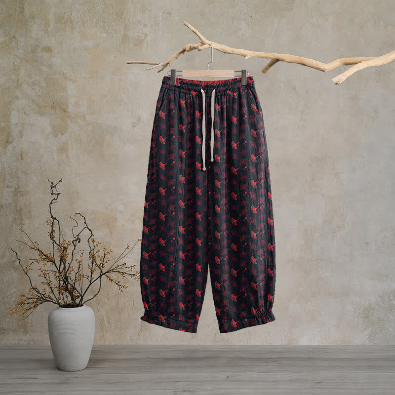 Pantalon de détente ample en coton à motif ginkgo, style rétro Ownkoti - Noir - XL - image 5