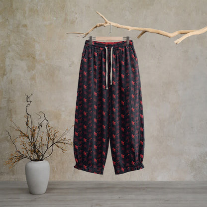 Pantalon de détente ample en coton à motif ginkgo, style rétro Ownkoti - Noir - XL - image 5