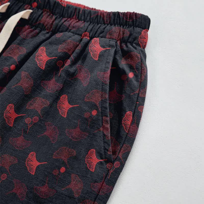 Pantalon de détente ample en coton à motif ginkgo, style rétro Ownkoti - image 8