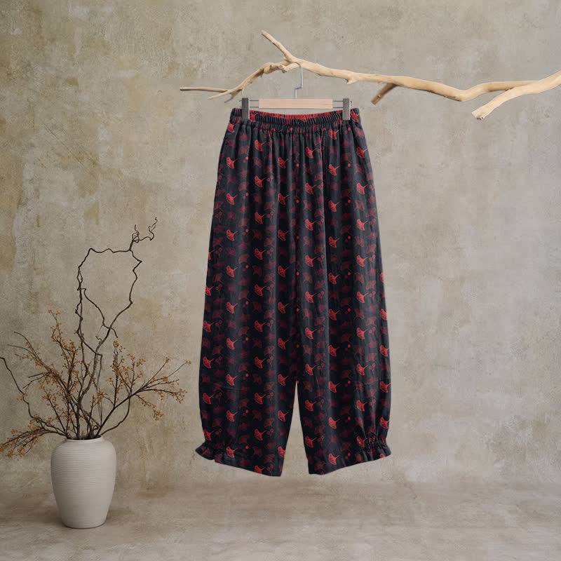 Pantalon de détente ample en coton à motif ginkgo, style rétro Ownkoti - image 6