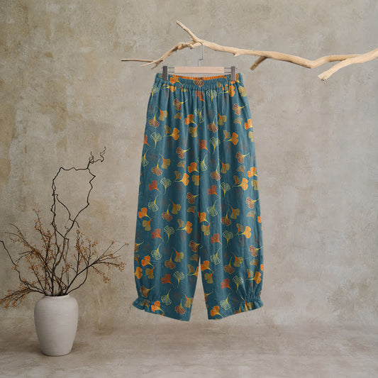 Pantalon de détente décontracté en coton à motif feuille de ginkgo multicolore rétro Ownkoti - Bleu - XL - image 0