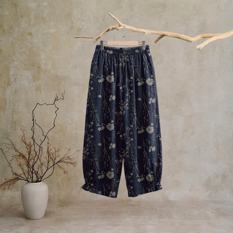 Pantalon de détente Ownkoti bleu marine en coton à fleurs sauvages - image 1