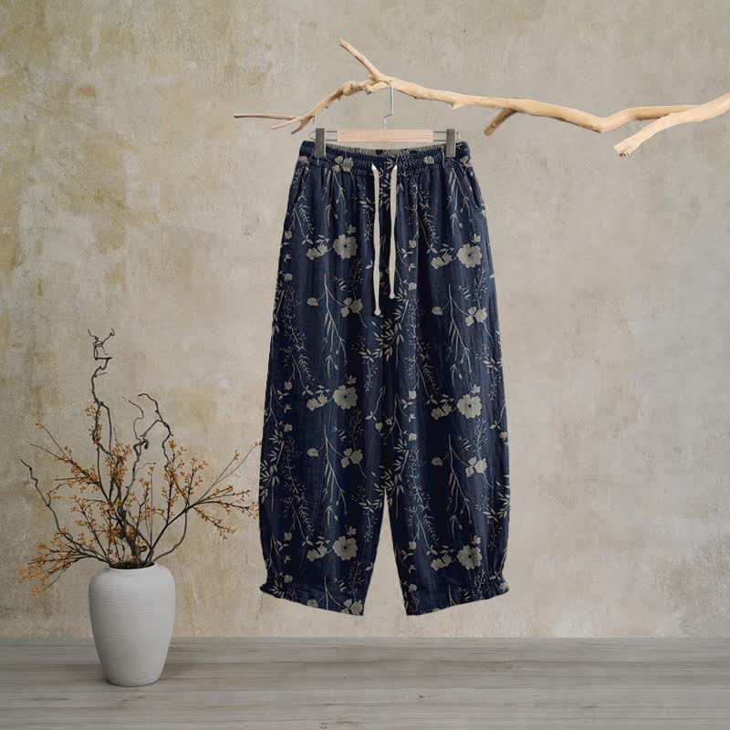 Pantalon de détente Ownkoti bleu marine en coton à fleurs sauvages - Bleu marine - XL - image 0