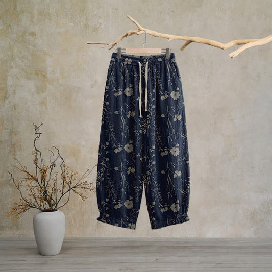 Pantalon de détente Ownkoti bleu marine en coton à fleurs sauvages - Bleu marine - XL - image 0