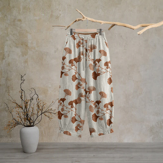 Pantalon de détente en coton à motif feuilles de ginkgo et base beige rouille Ownkoti - Beige - XL - image 0