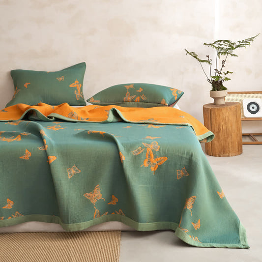 Couette en coton à imprimé papillon élégant Ownkoti - Vert et jaune - Couette avec 2 taies d'oreiller - Cal King - image 0