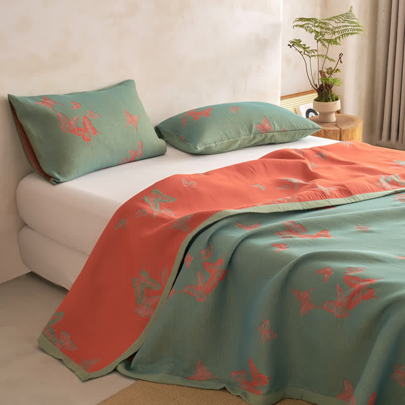 Couette en coton à imprimé papillon élégant Ownkoti - Vert et orange brûlé - Couette avec 2 taies d'oreiller - Cal King - image 7