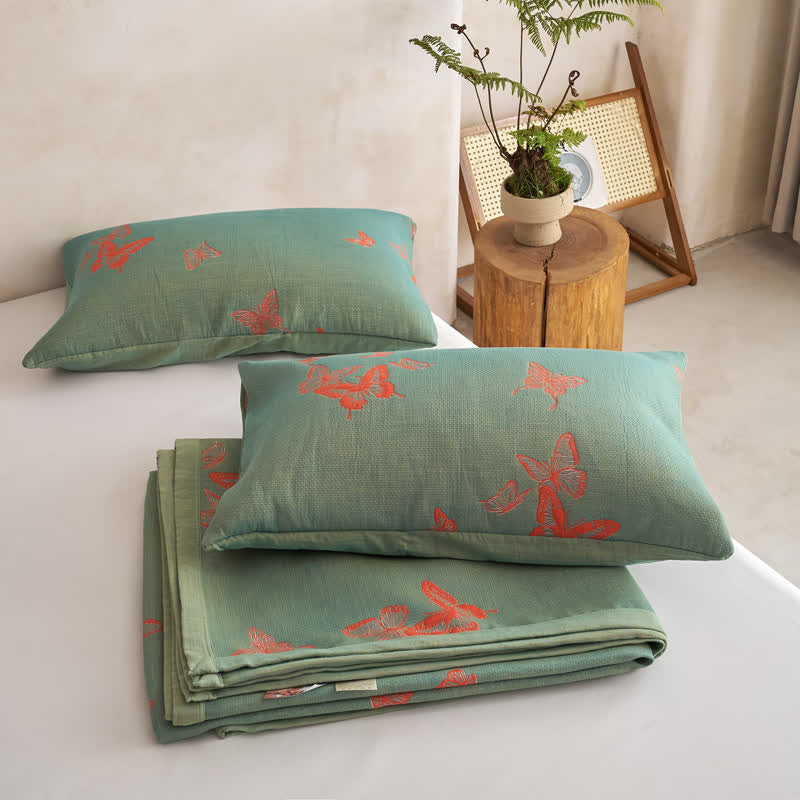 Couette en coton à imprimé papillon élégant Ownkoti - Vert et orange brûlé - 2 taies d'oreiller - 20 po x 36 po - image 10
