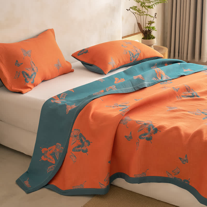 Couette en coton à imprimé papillon élégant Ownkoti - Orange et bleu sarcelle foncé - Couette avec 2 taies d'oreiller - Cal King - image 21