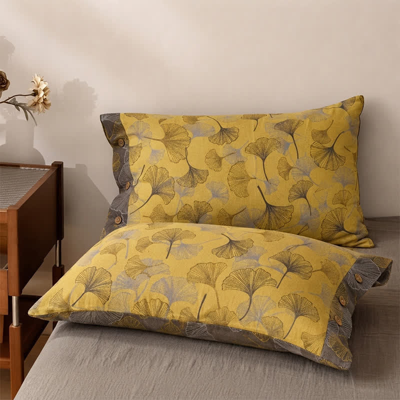 Ensemble de literie en coton à feuilles de ginkgo doré Ownkoti - Jaune - 2 taies d'oreiller - 40" x 20" - image 3