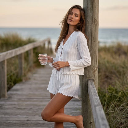 Ensemble de vêtements d'intérieur en coton blanc à volants Ownkoti - image 3