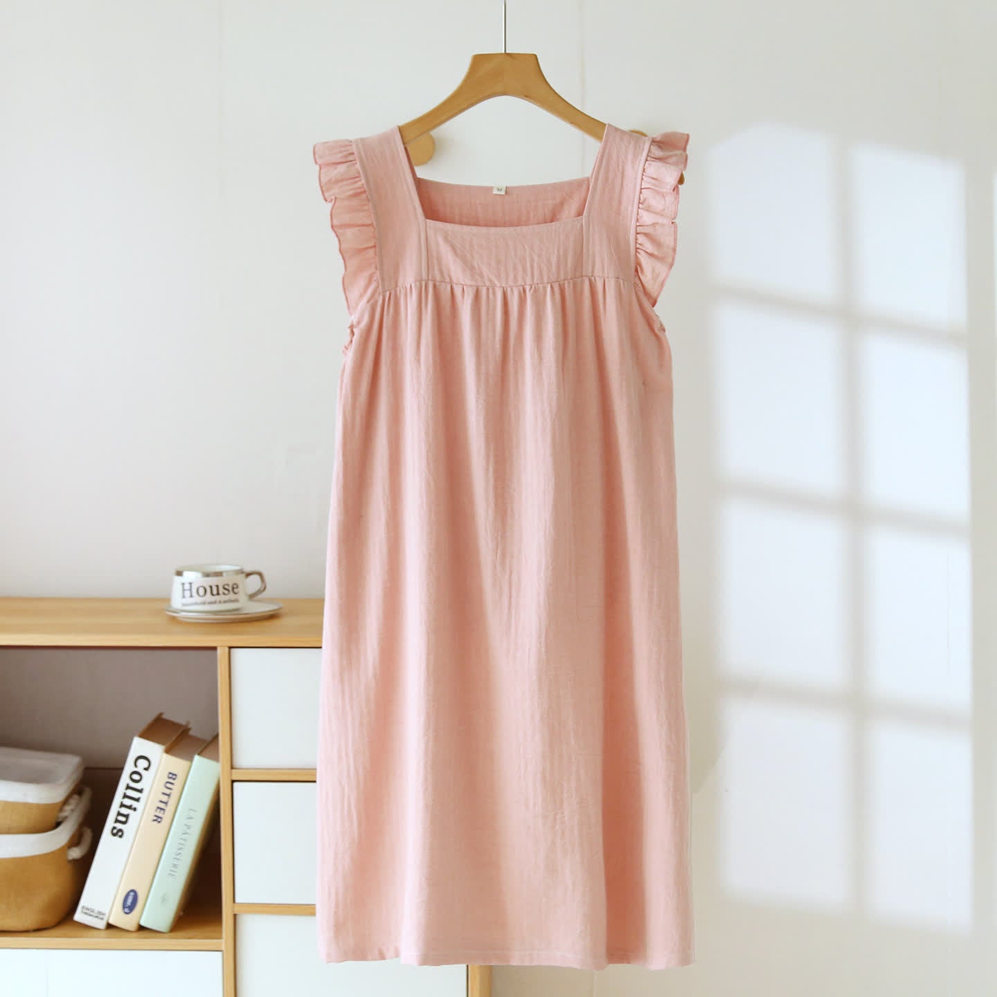 Robe d'intérieur en coton à encolure carrée et volants - Rose - XL - image 1