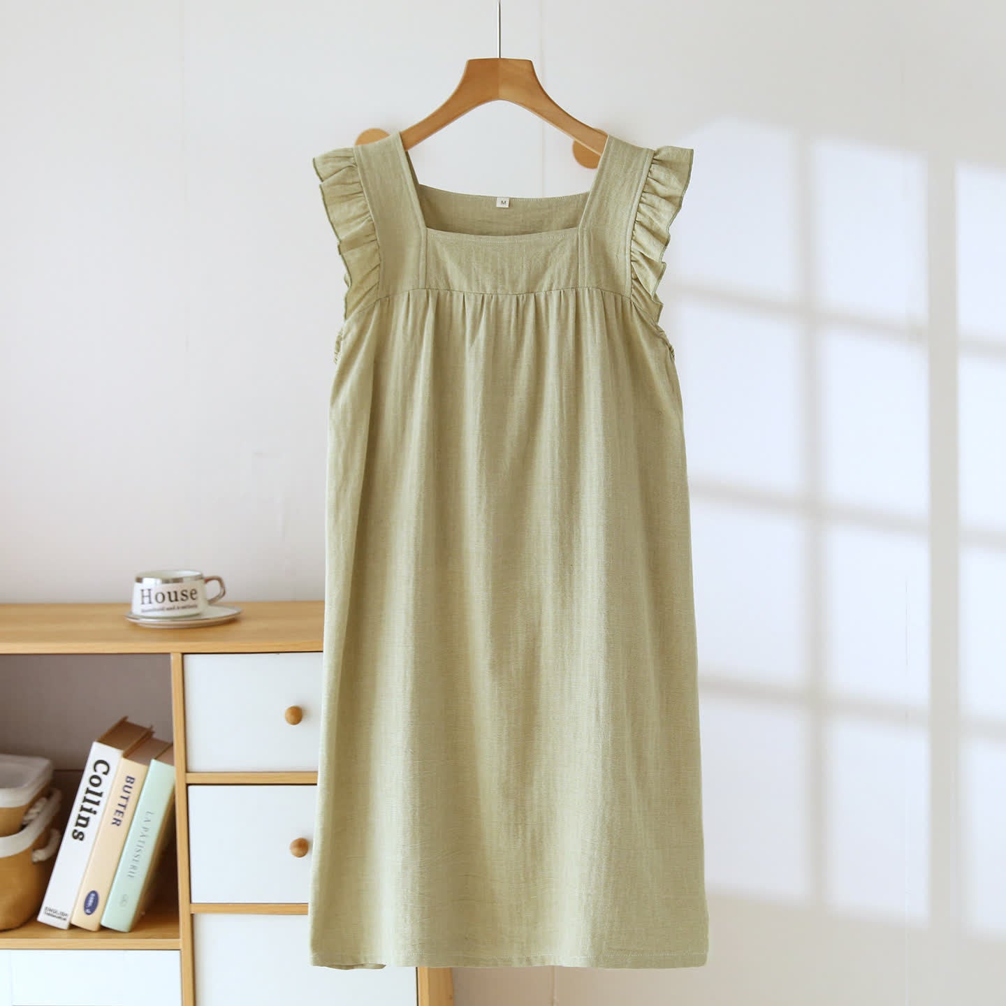Robe d'intérieur en coton à encolure carrée et volants - Vert - XL - image 2