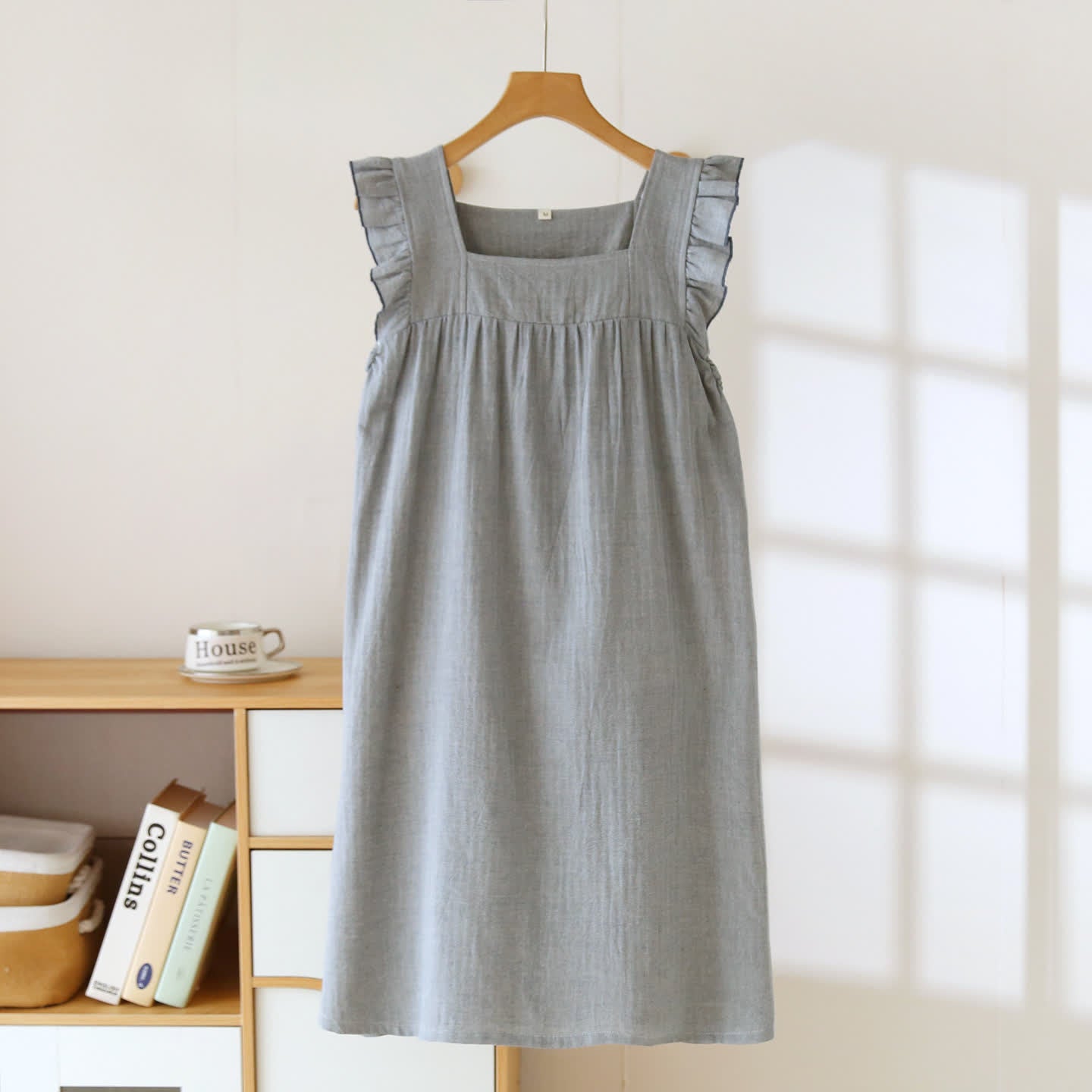 Robe d'intérieur en coton à encolure carrée et volants - Gris - XL - image 11