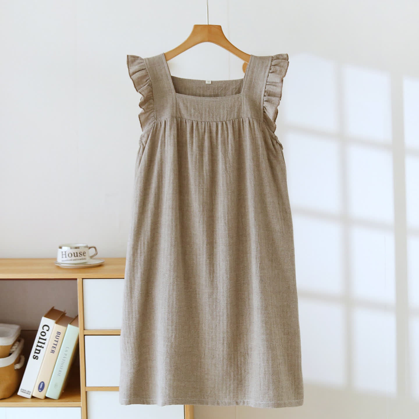 Robe d'intérieur en coton à encolure carrée et volants - Kaki - XL - image 12