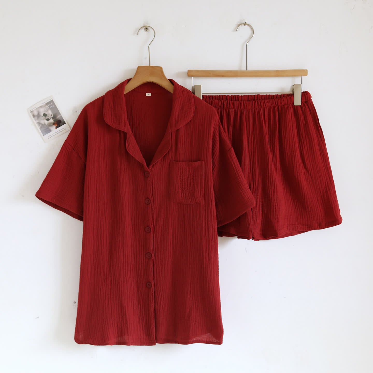 Ensemble de vêtements d'intérieur en gaze de coton avec patte de boutonnage - Rouge - Taille XL femme - image 4