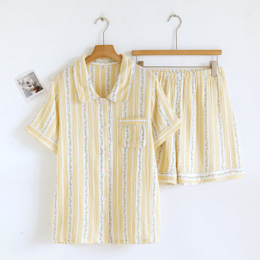 Ensemble de vêtements d'intérieur à rayures florales et patte de boutonnage - Jaune - XL - image 0