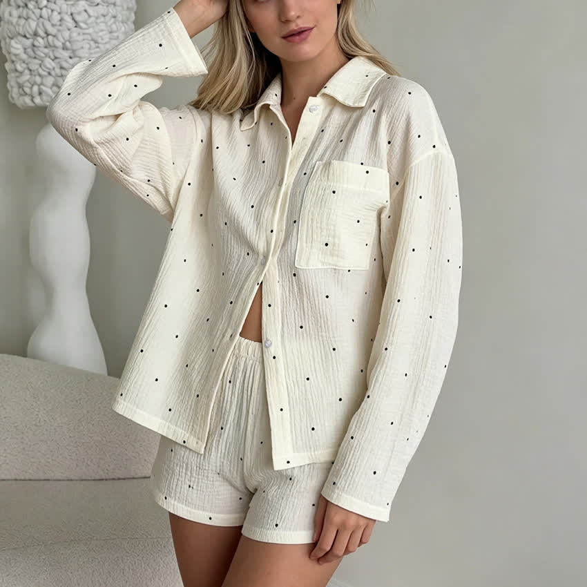 Ensemble pyjama en coton à col et motif à pois - Beige - L - image 0