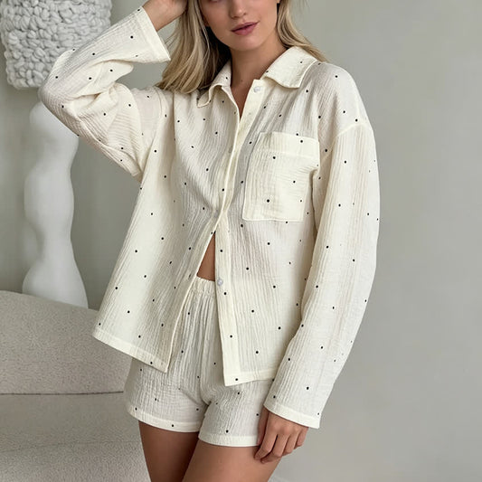 Ensemble pyjama en coton à col et motif à pois - Beige - L - image 0