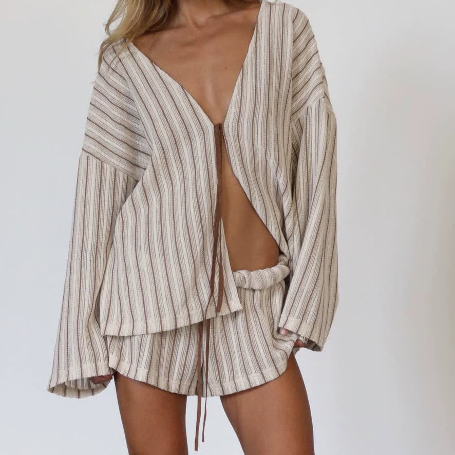 Ensemble de vêtements d'intérieur de villégiature en coton rayé facile à porter - Brun - L - image 2