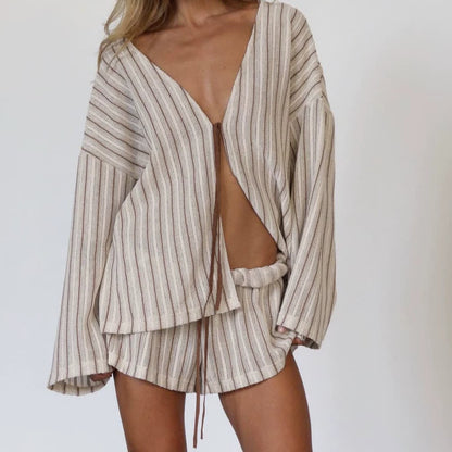 Ensemble de vêtements d'intérieur de villégiature en coton rayé facile à porter - Brun - L - image 2