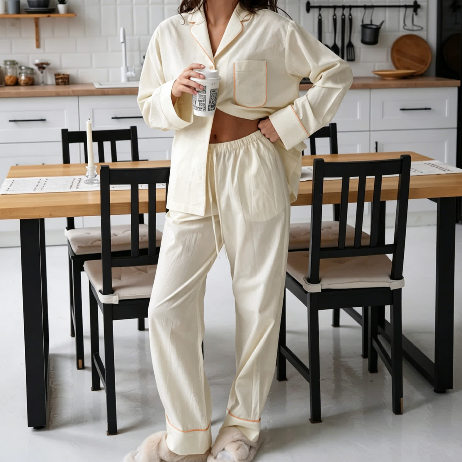 Ensemble pyjama minimaliste en coton à manches longues et poches - Beige - L - image 0