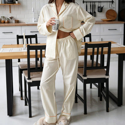 Ensemble pyjama minimaliste en coton à manches longues et poches - Beige - L - image 0
