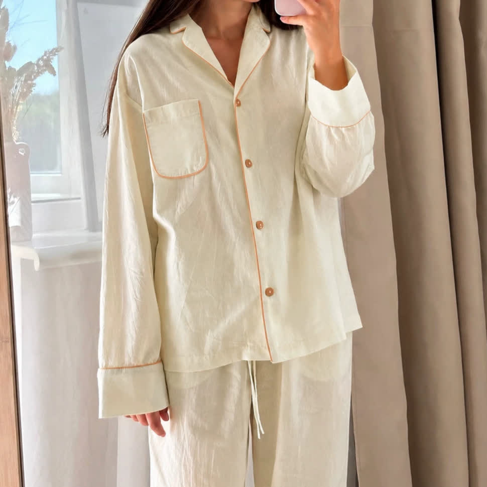 Ensemble pyjama minimaliste en coton à manches longues et poches - image 2