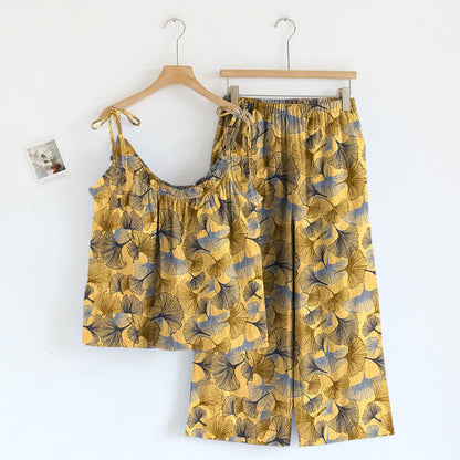 Ensemble de détente Ownkoti rétro en coton à motif feuille de ginkgo - Jaune - XL - image 0
