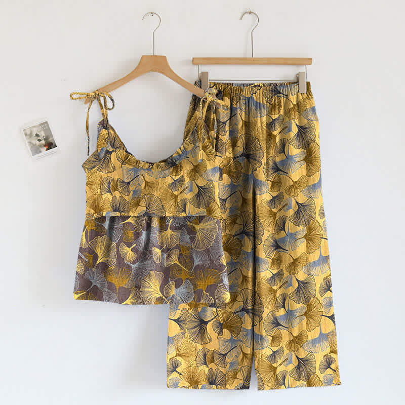 Ensemble de détente Ownkoti rétro en coton à motif feuille de ginkgo - image 1