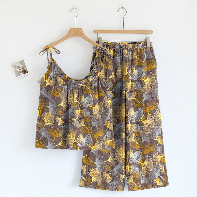 Ensemble de détente Ownkoti rétro en coton à motif feuille de ginkgo - Brun clair - XL - image 4