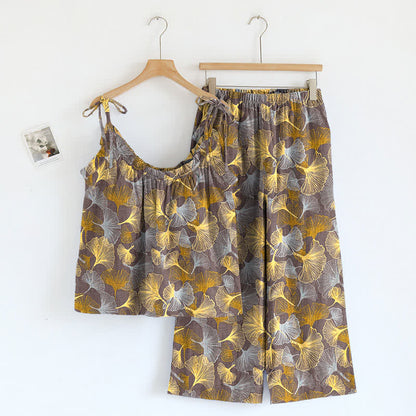 Ensemble de détente Ownkoti rétro en coton à motif feuille de ginkgo - Brun clair - XL - image 4