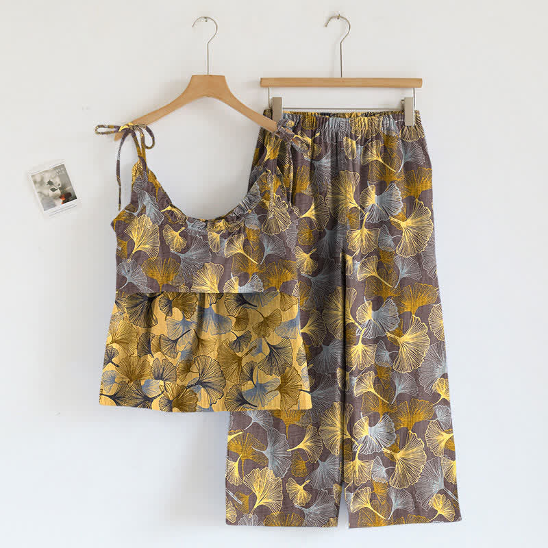 Ensemble de détente Ownkoti rétro en coton à motif feuille de ginkgo - image 5