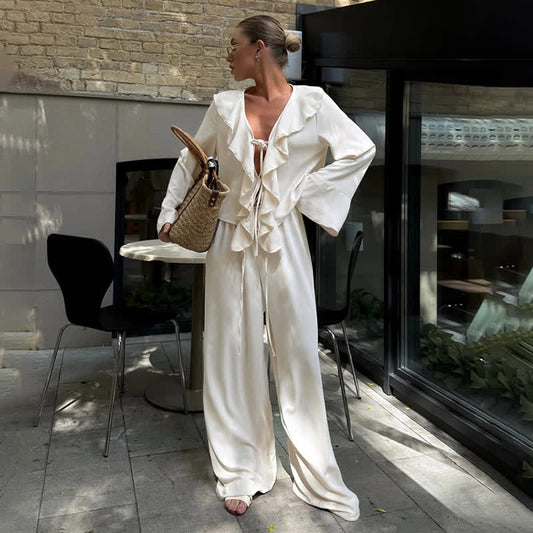 Ensemble de vêtements d'intérieur romantiques à volants et nœud sur le devant Ownkoti - Beige - L - image 0