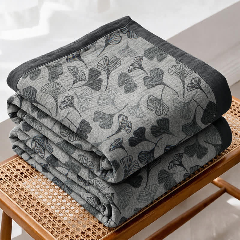 Ensemble de couvertures en coton à feuilles de ginkgo gris et noir Ownkoti - image 1