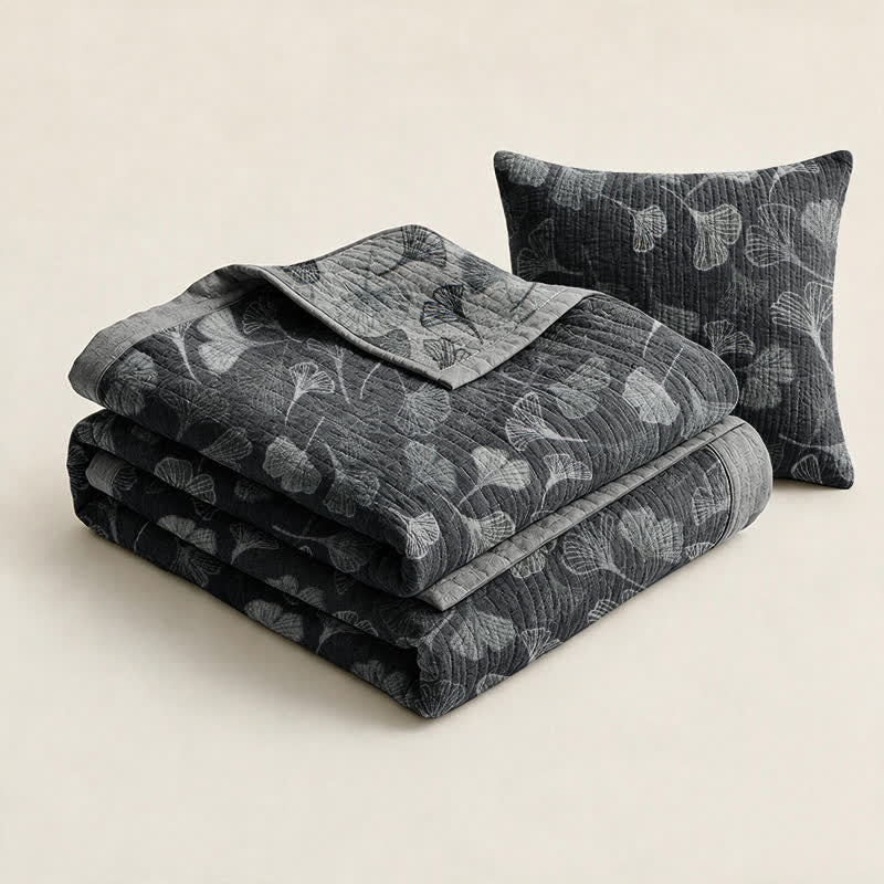 Ensemble de couvertures en coton à feuilles de ginkgo gris et noir Ownkoti - image 8