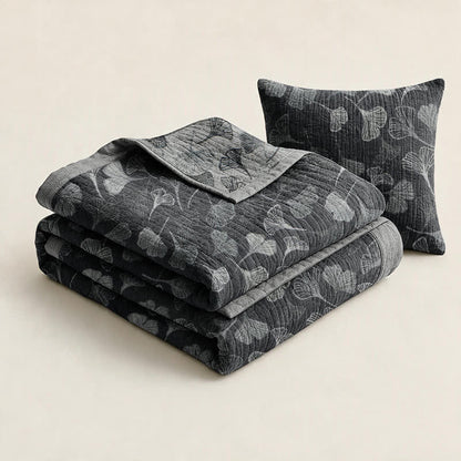Ensemble de couvertures en coton à feuilles de ginkgo gris et noir Ownkoti - image 8